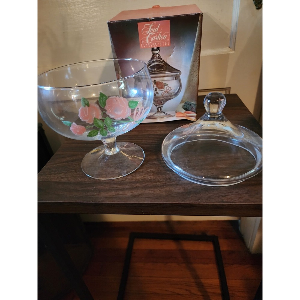 Lord Carlton Fine Crystal Candy Dish Chambray Pink Roses Footed Candy Dish New